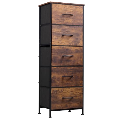 WLIVE Fabric Dresser for Bedroom, 5-Drawer Tall Dressers, Storage Organizer with Fabric Bins, Wood Top, Sturdy Steel Frame, Chest of Drawers for Closet, Hallway, Rustic Brown Wood Grain Print