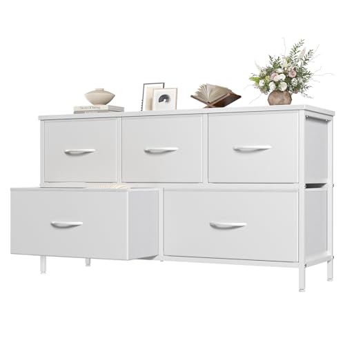 OLIXIS Dresser for Bedroom with 5 Drawers, Wide Chest of Drawers, Fabric Bedroom Dresser with Drawer Organizers, Storage Organizer Unit with Fabric Bins for Closet, Living Room, Hallway,White