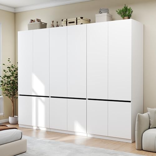 Swyanste White Armoire Wardrobe Closet: 74" Large Wardrobe Closet with 6 Doors, Wood Closets Cabinet for Hanging Clothes, Freestanding Bedroom Armoires (94.5 in-6 Doors)