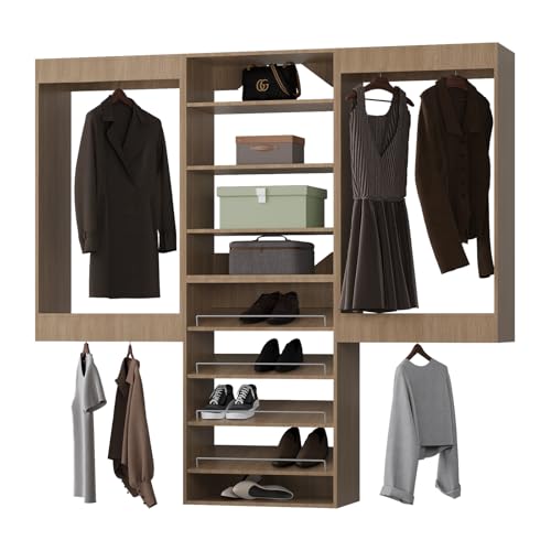 ROOMTEC Modular Closet System, 84" Wall Mounted Closet Organizer with Hanging Rods and Shoe Shelf, Wooden Tower for Walk-In Closets, Wardrobe Storage Kit, Wood