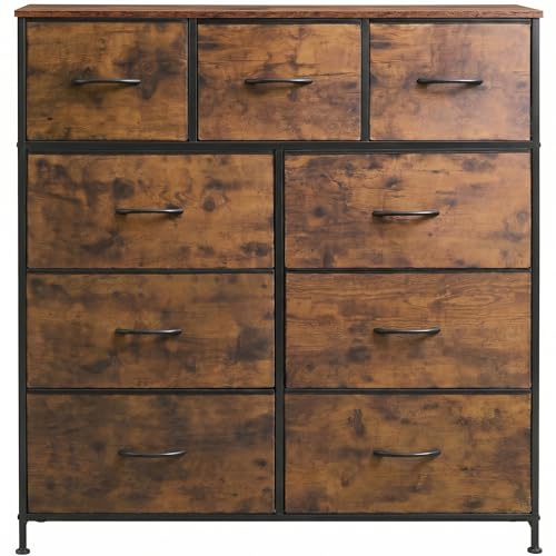 WLIVE 9-Drawer Dresser, Fabric Storage Tower for Bedroom, Hallway, Entryway, Closet, Tall Chest Organizer Unit with Fabric Bins, Steel Frame, Wood Top, Easy Pull Handle, Rustic Brown Wood Grain Print