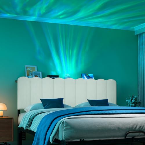 Pinmoco Queen Headboard with Aurora Lights, Striped Velvet Scalloped Upholstered Headboard with Storage Shelf, Ambient Lighting, White