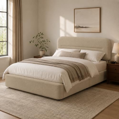 HOMBCK Bed Frame Queen Size, Boucle Upholstered Platform Queen Bed Frame with Headboard, Soft Headboard with Rounded Corners Design, Wood Slats, No Box Spring Required, Easy Assembly, Beige
