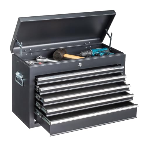 Winado 24" Portable Metal Tool Box, 5 Drawers Lockable Toolbox, Black