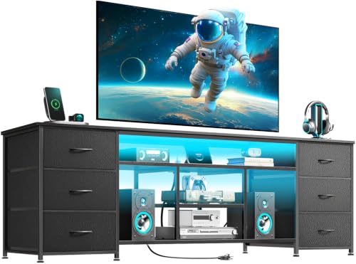 Furologee LED TV Stand for 65, 70 Inch TV, 63 Inch Entertainment Center with Power Outlets, 6 Fabric Drawers Dresser for Bedroom, Media Console with Open Shelves, PU Leather Surface, Black