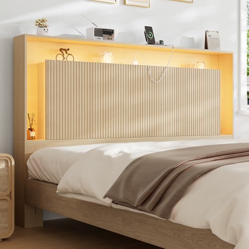 Loomie Queen Size Headboard Only with Storage, 64.6" Wide Wooden Head Board with Charging Station & LED Lights,Modern Fluted Wall Mounted Headboard,Bed Headboards Bedroom Decor