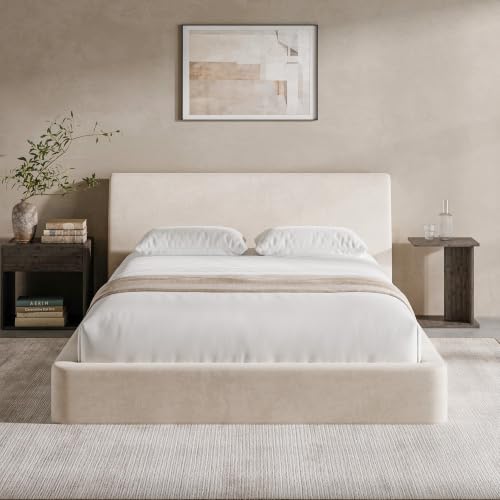 RECCI AirFrame Queen Bed Frame with Ergonomic Angled Headboard, 360° Cushioned Platform Bed Frame, Low Profile Minimalist Soft-Frame Bed, No Box Spring Needed, Easy Assembly, Beige Chenille