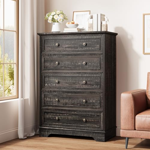 Garvee 5 Drawer Dresser for Bedroom - Vertical Chest of Drawers, Farmhouse Tall Cabinet Organizer for Living Room, Hallway, Dark Oak