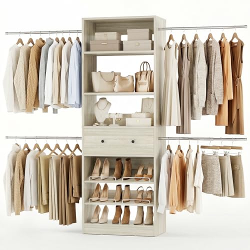 Armocity Wood Closet Organizer System - 4FT-9FT Expandable Wardrobe Closet with Drawer & 4 Hanging Rods, Heavy Duty Walk-in Closet 1000Lbs for Bedroom Walk-in Closet, White Oak