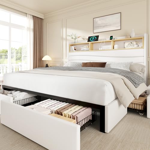 BRELTAM Queen Size Bed Frame with 6 Storage Drawers, Linen Upholstered Platform Bed with Charging Station,2-Tier Wave-Shaped Headboard Design,No Box Spring Needed,Easy Assembly,White