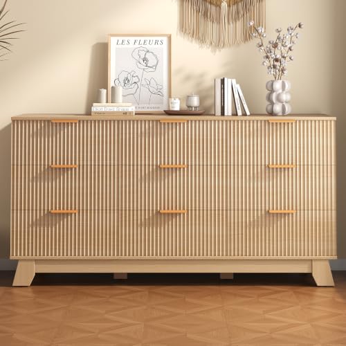 DUMOS Fluted 9 Drawer Dresser for Bedroom, 57.1" Wide Chest of Drawers