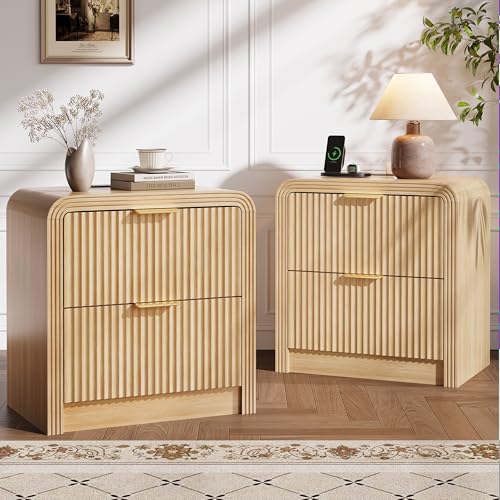Decofy 23'' Wide Fluted Nightstand with 2 Large Drawers, Set of 2, Beside Table with Charging Station, Mordern Night Stand with Curved Corners & Metal Handle, Wood End Table for Bedroom