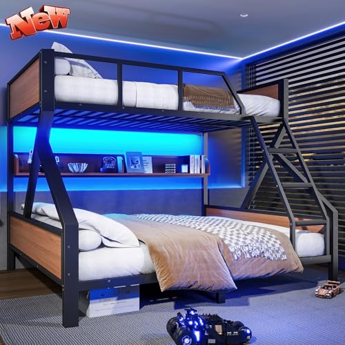 NOAHLEO Latest Upgraded & Stronger Thickened Metal Bunk Bed Queen Over King Size, Heavy Duty Safer More Stable Bunkbed Bunk Bed Frame Bunkbed (Black & Wood A, Queen Over King)