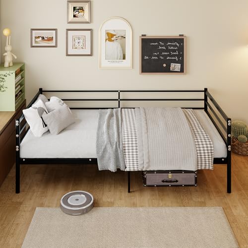 Beddix Metal Daybed Frame - 11.8 Inch High Safety Guardrail, Surround Sofa-Style Metal Platform Bed Frame, Space-Saving Design, Underbed Storage, No Box Spring Needed, Easy Assembly, Black
