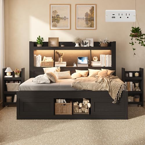 lividido Twin Daybed with Bookcase Storage Headboard & Hidden Bedside Racks, Bed with Cabinet, Charging Station, RGB LED, No Box Spring Needed, Pet Friendly, Apartment, for Guest Room, Black