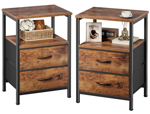 Huuger Night Stand Set 2, Nightstand with 2 Drawers, Bed Side Table with Open Shelf, Wooden Top, End Table, Fabric Drawer, for Bedroom, Rustic Brown