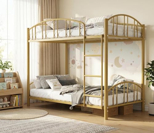 IDEALHOUSE Twin Over Twin Bunk Bed Frame, Twin Bunk Bed Frame with Heightened Arched Guardrail and Safety Ladder, Sturdy Steel Bed for School, Bedroom, Easy Assembly, Modern Gold
