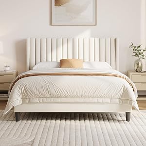 Yaheetech Queen Bed Frame Upholstered Platform Bed with Fabric Headboard, Wing Edge Design