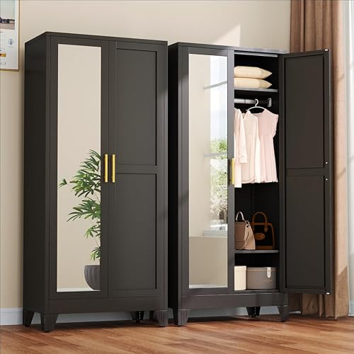 winiowa Metal Armoire Wardrobe Closet with 2 Mirror Doors, 71