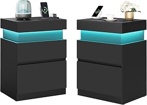 VASAGLE Kailyn Collection - Nightstands with Power Outlets, Sliding Lid, Modern Bedside Ta