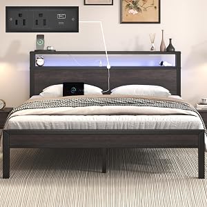 E-Motie Queen Size Bed Frame with LED Light and Charging Station, Wood Storage Headboard w