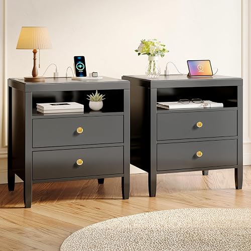 Huuger Black Nightstand Set of 2, Night Stand with Charger Station, Be — Build quality and design details up close