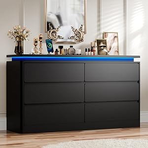 6 Drawer Dresser for Bedroom, 47.2" Long Black Chest of Drawers with Charging Station