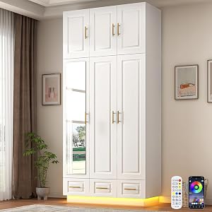 Hlivelood Large Armoire Wardrobe Closet Cabinet with Drawers and LED Lights, Multi-Tier Sh