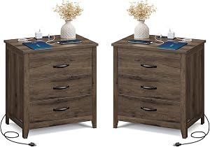 VASAGLE LIRY Collection - Farmhouse Nightstand with Charging Station, Set of 2, Bedside Ta