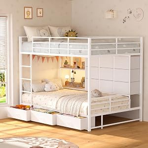 Bunk Bed Full Over Twin with 12 Drawers & Open Shelves, Heavy Duty Metal Bed Frame wit