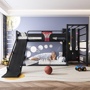 Bellemave Twin Size Bunk Bed with Basketball Hoop, Pull-up Rings and Climbing Wall, Twin B