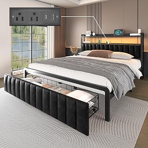 Queen Bed Frame with Charging Station and LED Lights, Black Upholstered Headboard with She