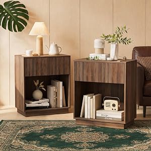 Fluted Nightstands Set of 2, Modern Bedside Table with Storage Drawer and Open Wood Shelf,