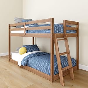 Grain & Grove Bear Twin Over Twin Bunk Bed, Low Bunk Bed Frame for Kids, Bunk with Lad