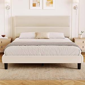 GRUSIGN Queen Size Platform Bed Frame with Velvet Headboard, Adjustable Height Wooden Slat