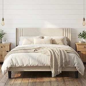 Gizoon Queen Bed Frame with Wingback Headboard, Upholstered Platform Bed, Wooden Slats, No