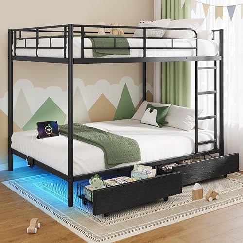 Rolanstar Metal Bunk Bed Full Over Full with USB Charging Station, LED — Build quality and design details up close