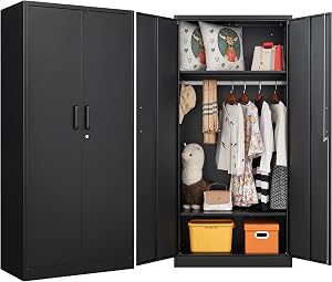 Metal Wardrobe Cabinet with Hanging Rod & Lock,Black Armoire Wardrobe Closet,Metal Clo