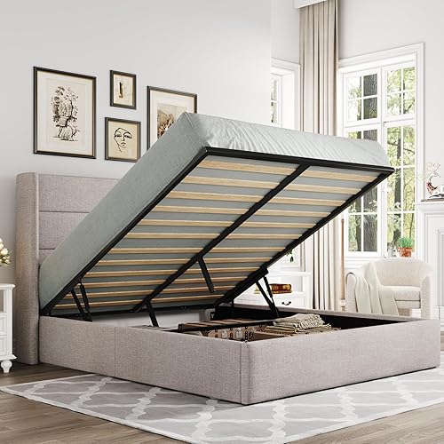 Allewie Queen Size Lift Up Storage Bed, Modern Wingback Headboard, Hyd — Build quality and design details up close