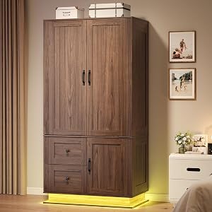 LIKIMIO Farmhouse Wardrobe Closet with Doors, 70" Bedroom Armoires with LED Lights an