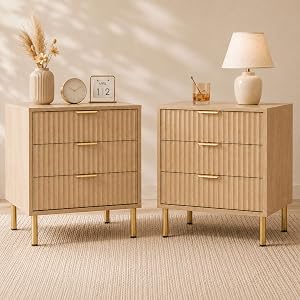 RIHHA Natural Oak Wood Nightstands Set of 2, 24" Tall Fluted Bedside Tables with 3 Dr