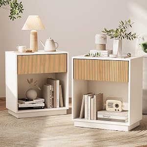 Fluted Nightstands Set of 2, Modern Bedside Table with Drawer and Storage Shelf, Wood End 