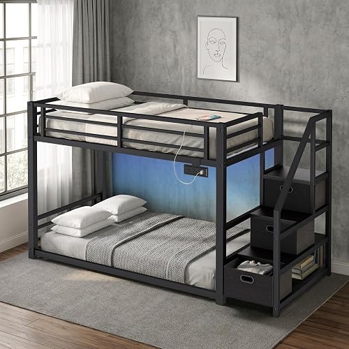 Twin Over Twin Metal Bunk Bed with Storage Stairs, Drawers & Shelves, — Build quality and design details up close