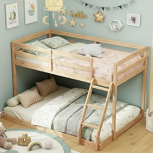KOMFOTT Low Bunk Bed Twin Over Full, Solid Wood Twin Bed Frame with Bu — Our recommended configuration for best results