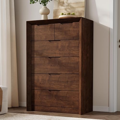 YANSNWO Walnut 6 Drawer Dresser for Bedroom, 47.4