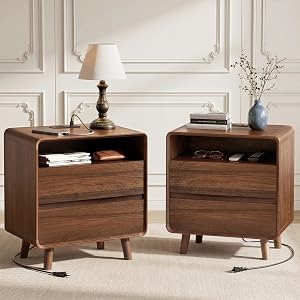 Nasonet Mid Century Modern Nightstand with Charging Station, Wood Bedroom End Tables Set o