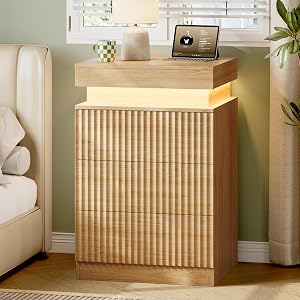 Xixini Nightstand with Charging Station and LED Lights, Small Fluted Bedside Table with Sl