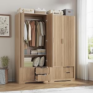 Vabches 71” Fluted Armoire Wardrobe Closet with 2 Doors and Drawers Tall Wooden Wardrobe C