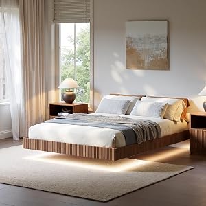 Evermagin Walnut Queen Floating Bed Frame with led Lights, Fluted Platform Bed No Headboar