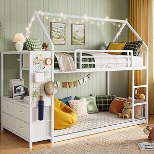 LIKIMIO Bunk Bed Twin Over Twin, House Bed Frame with 6 Storage Drawers,Hall Tree, Twin Be
